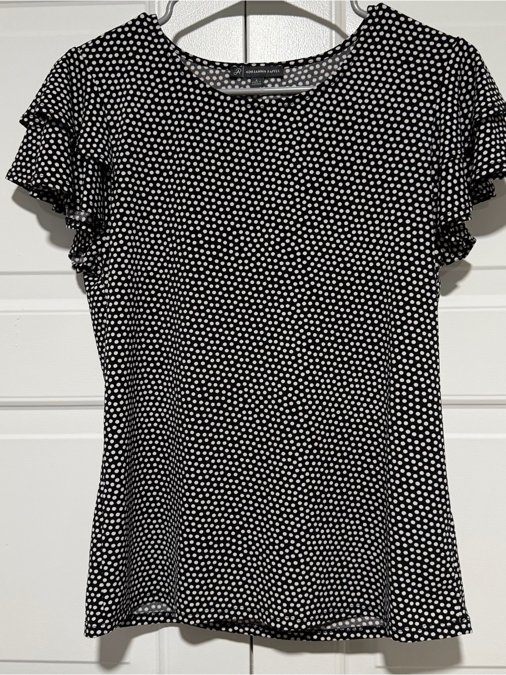 Adrianna Papell Black & White Polka Dot Short Sleeve Top with Ruffle Sleeves
